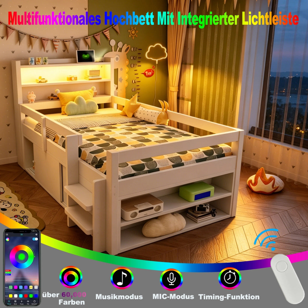 DESMIU Letto a soppalco per bambini 90 × 200 cm con ripiani, LED, USB, senza materasso, in legno, bianco