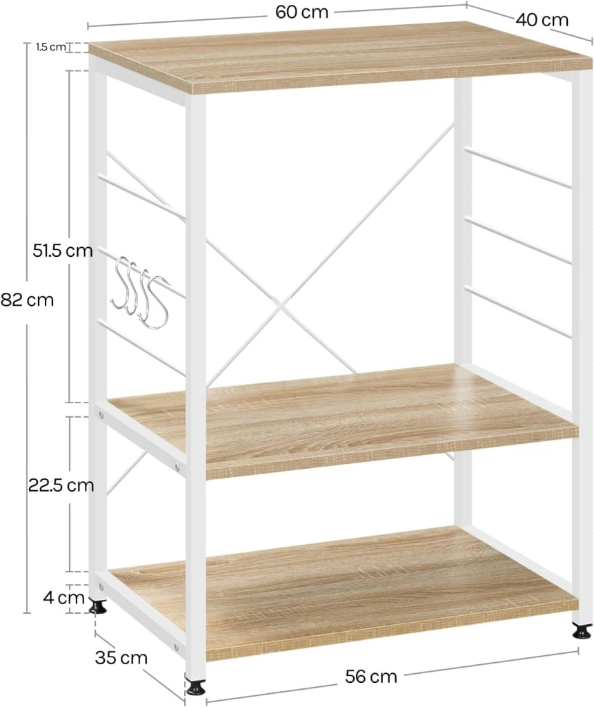 Scaffale per Cucina Carrello per Microonde Forno a 3 Ripiani in Metallo e Legno Scaffalature Fioriera Multiuso, Rovere Chiaro