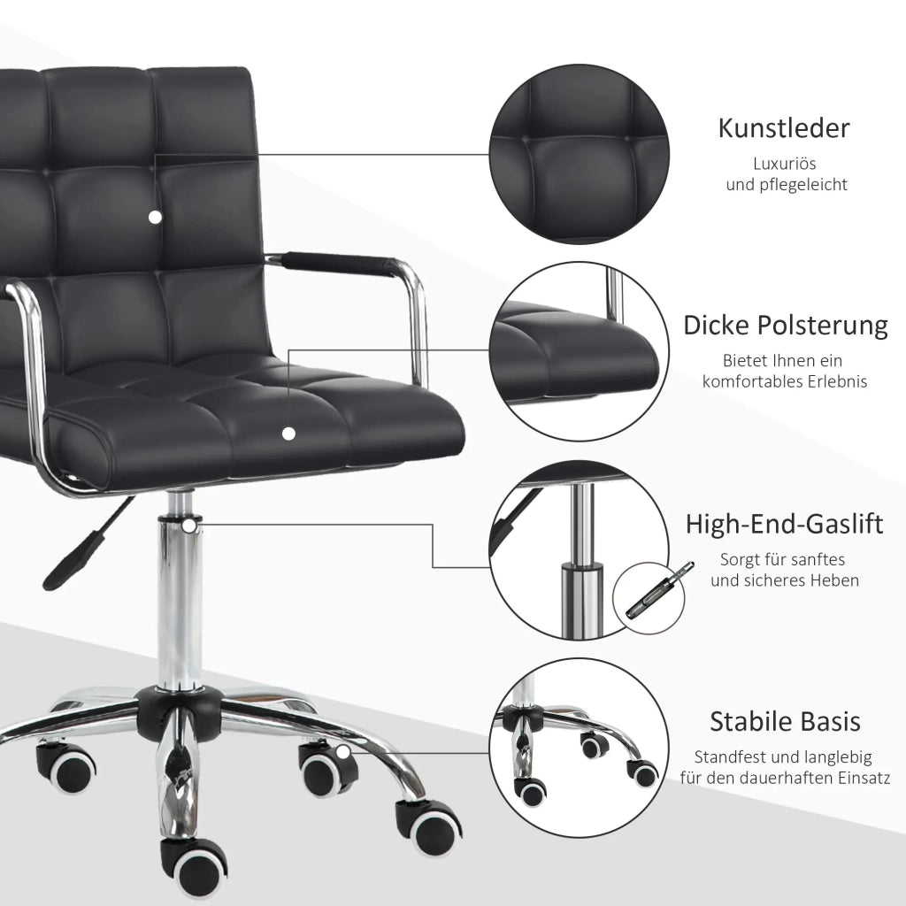 Sedia da ufficio girevole imbottita con altezza regolabile, braccioli e ruote per computer in PVC nero 46 × 61 cm