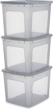 Set di 3 scatole di archiviazione, 30L, Stivabile, Garage, camera da letto, soggiorno B39,5 x D34 x H30,5 cm - Grigio