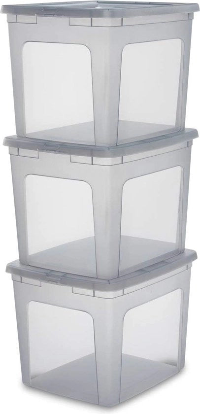 Set di 3 scatole di archiviazione, 30L, Stivabile, Garage, camera da letto, soggiorno B39,5 x D34 x H30,5 cm - Grigio