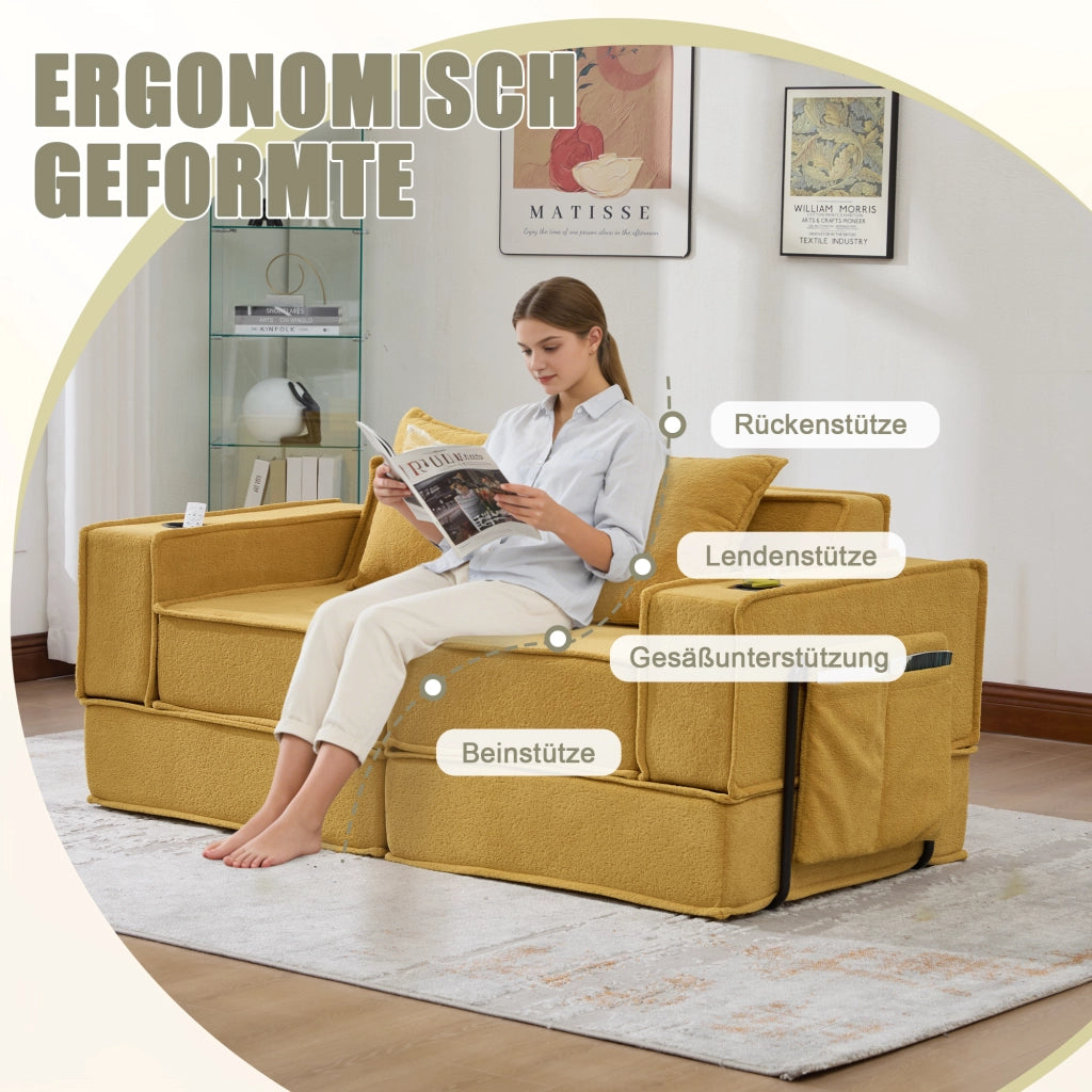 Pouf modulare con tasche laterali e cuscini, seduta ergonomica e struttura bassa stabile, in ciniglia giallo senape
