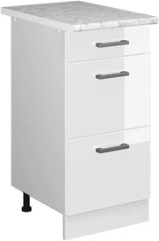 Mobiletto base per cucina R-Line, Bianco lucido, 40 cm con cassetti PL Marmo, per la libera combinazione all'interno di sistemi cucina modulari