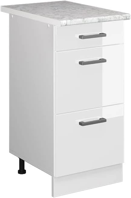 Mobiletto base per cucina R-Line, Bianco lucido, 40 cm con cassetti PL Marmo, per la libera combinazione all'interno di sistemi cucina modulari