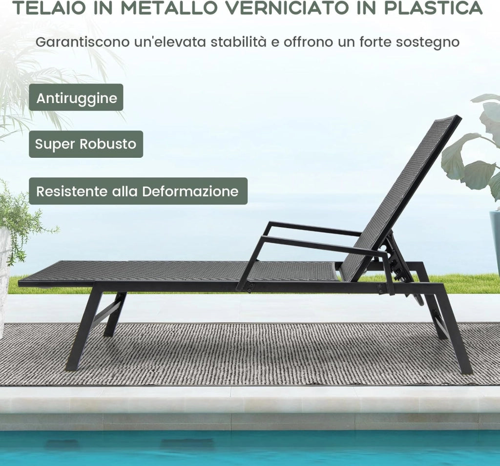 Lettino Prendisole in Rattan, Sdraio da Giardino con Schienale Regolabile a 5 Posizioni, Braccioli e Schienale Alto, Telaio Metallico Robusto, Portata 150 kg, per Piscina Balcone e Terrazza
