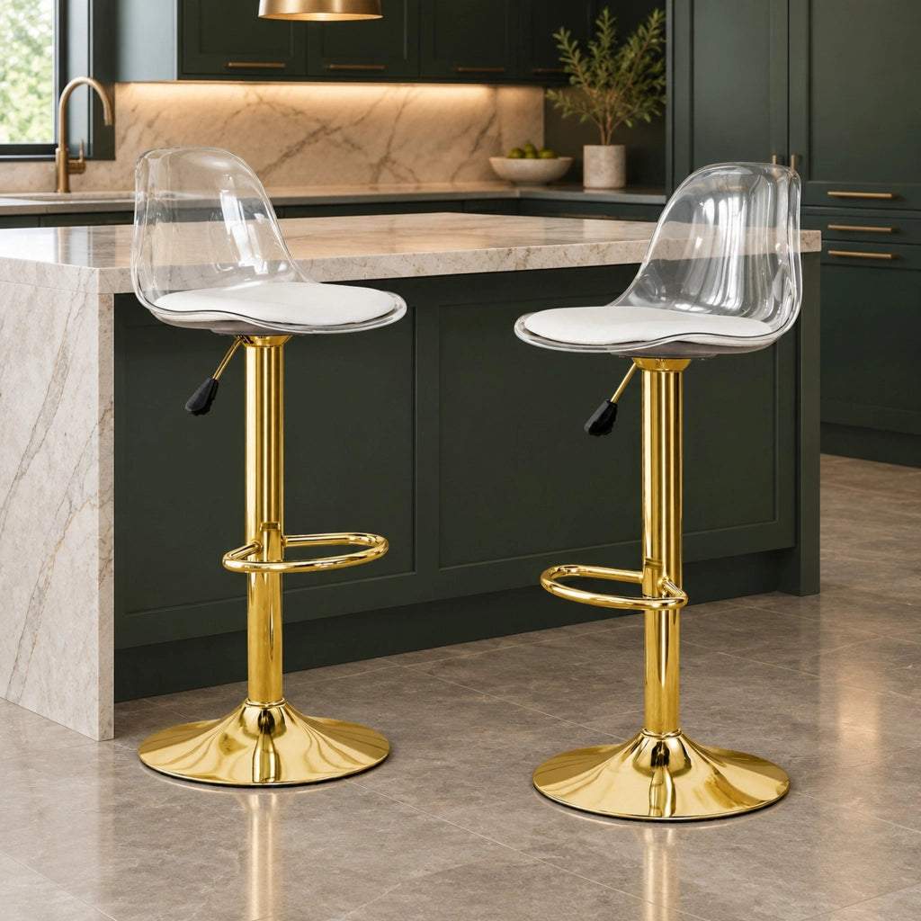 Set 2 sgabelli da bar regolabili e girevoli 360° con schienale trasparente e base oro HAVRYA