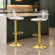 Set 2 sgabelli da bar regolabili e girevoli 360° con schienale trasparente e base oro HAVRYA