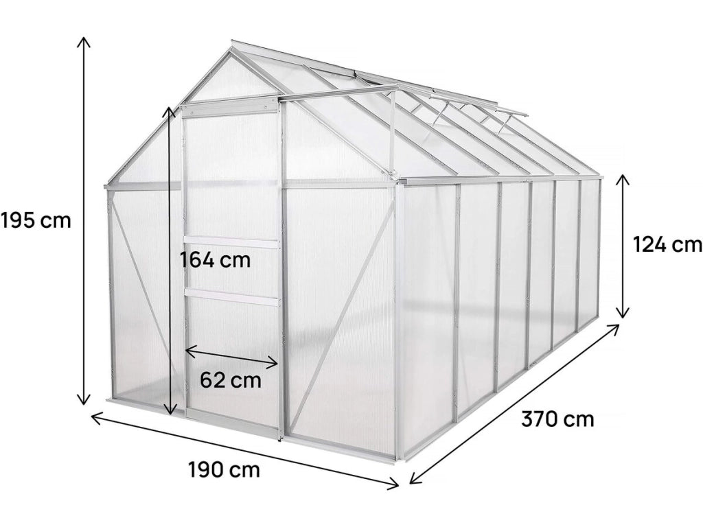Serra da giardino in policarbonato 370 x 190 x 195 cm "Basilic" - 7,03 m² - Grigio