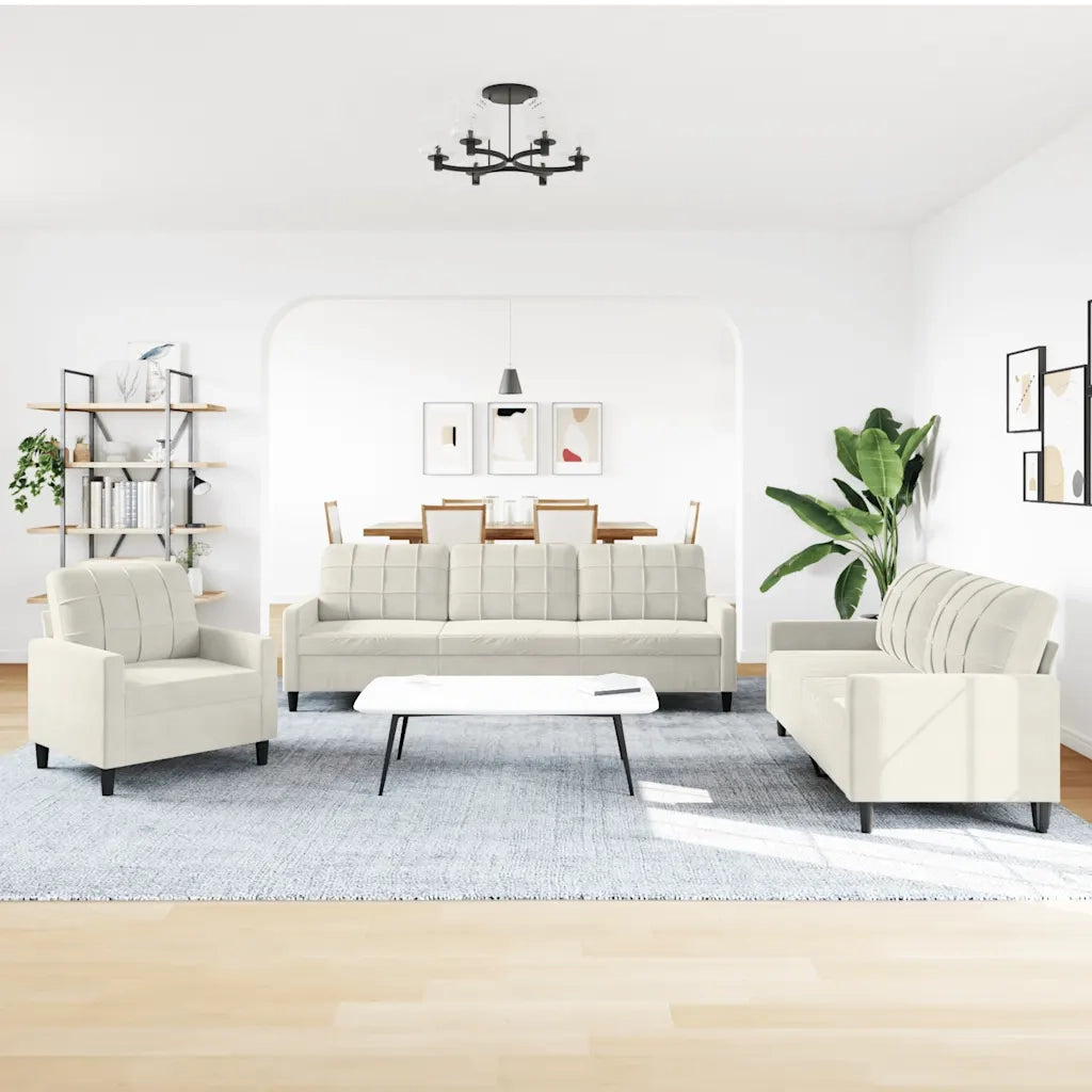 Set di Divani 3 pz con Cuscini Crema in Velluto