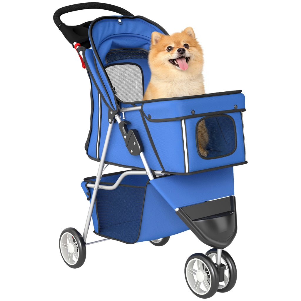 Passeggino per cani pieghevole, telaio in acciaio, blu, 77x44x102cm, fino a 10kg, peso 4 kg, con cesto, cuscino e ruote girevoli