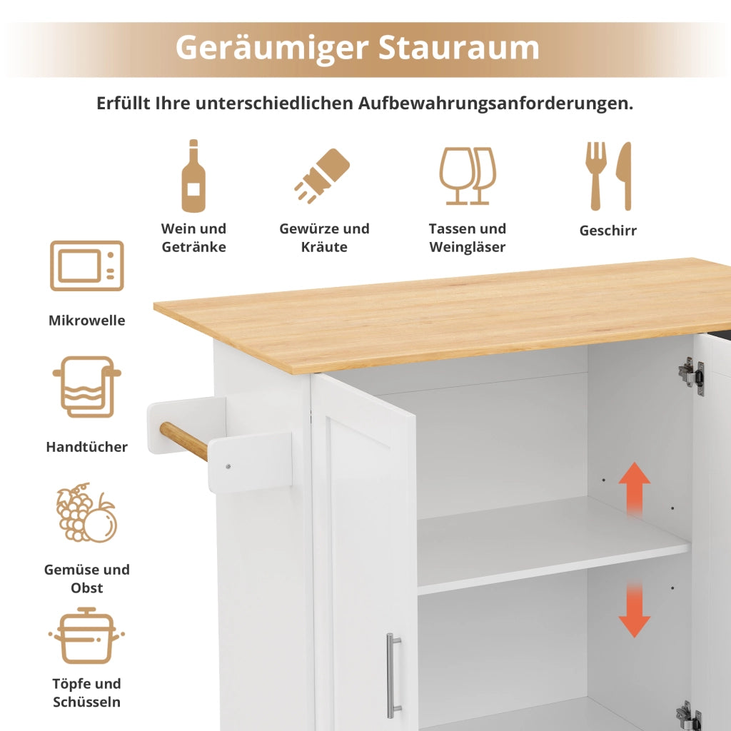 Carrello da cucina con 2 ante; 3 cassetti; piano ribaltabile; portaasciugamani e 5 ruote; in MDF; 135x70x90 cm