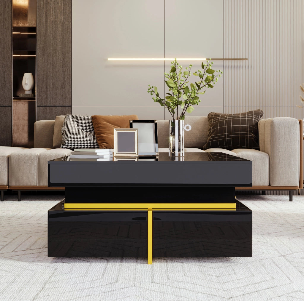 Tavolino da caffè nero lucido 70x70 cm con 2 cassetti