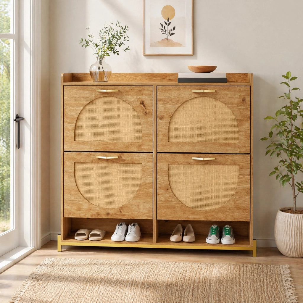 Scarpiera salvaspazio con ripiano superiore e base in metallo per ingresso e corridoio in MDF colore legno