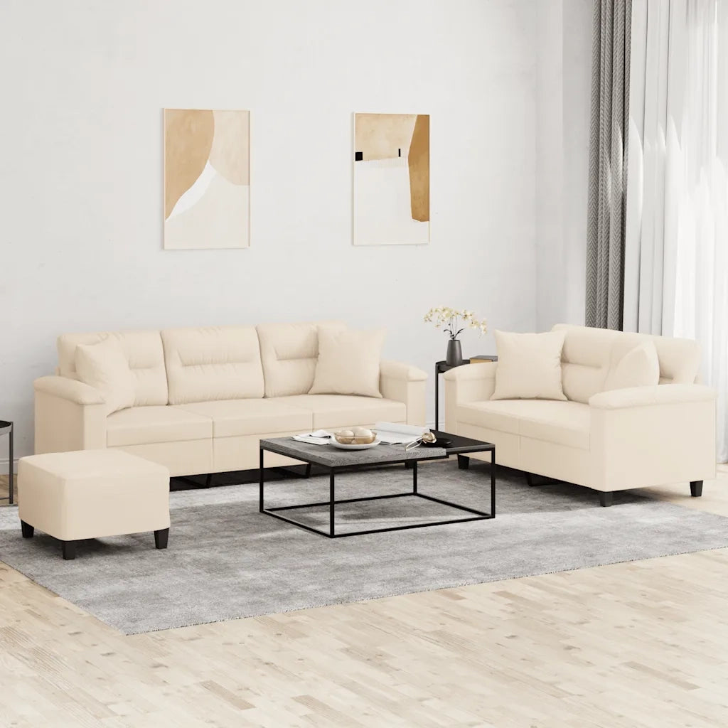 Set Divani 3 pz con Cuscini Beige in Tessuto Microfibra 3202361