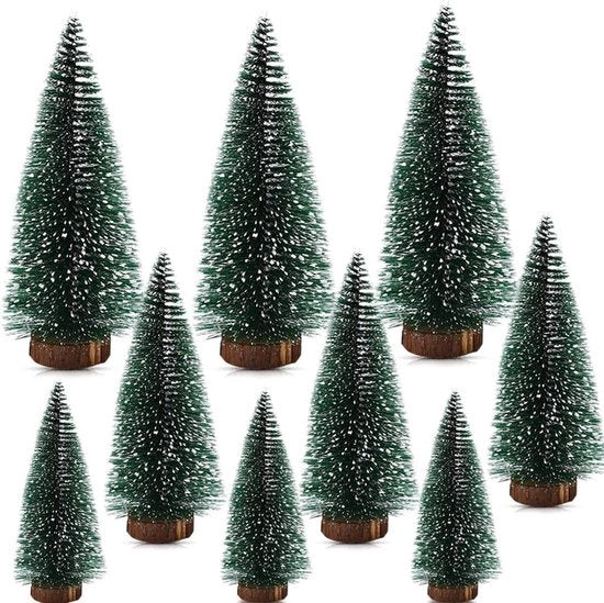 Set di Miniature di Natale a forma di Albero con 9 pezzi, con Asta di Abete con Effetto Neve, in Materiale Artificiale, Altezza 10/15/20 cm, con Base in Legno, Decorazione di Natale DIY