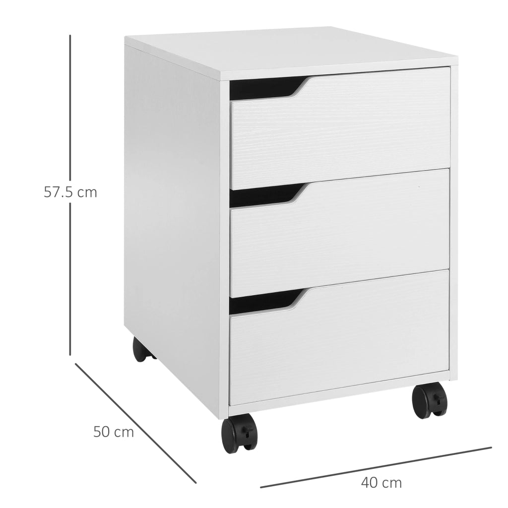 Cassettiera da Ufficio a 3 Cassetti con Maniglie a Scomparsa. in Legno e Metallo. 40x50x57.5 cm. Bianco