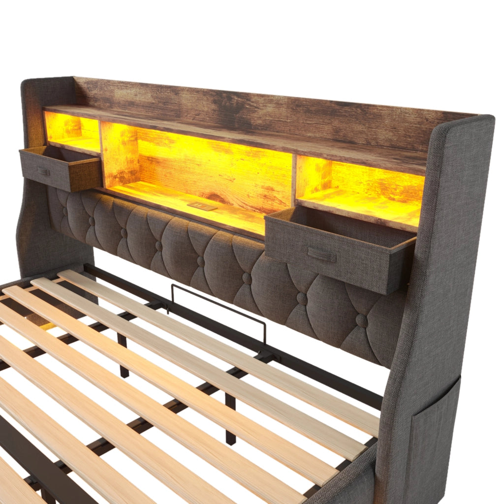 Letto matrimoniale 180x200 cm con LED; testiera con USB e Type-C; lino grigio
