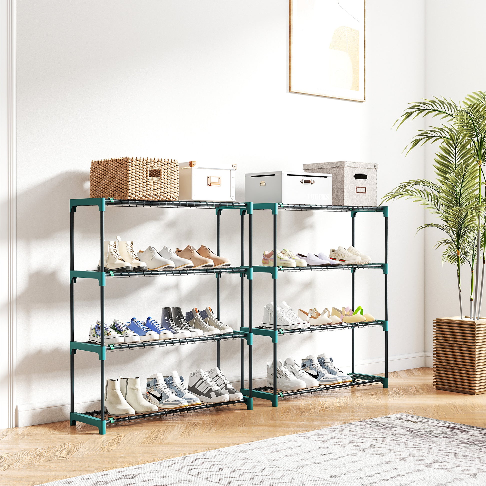 Set di 2 Scaffali per Piante a 4 Livelli 90x28x104 cm con Ganci in Acciaio Verde