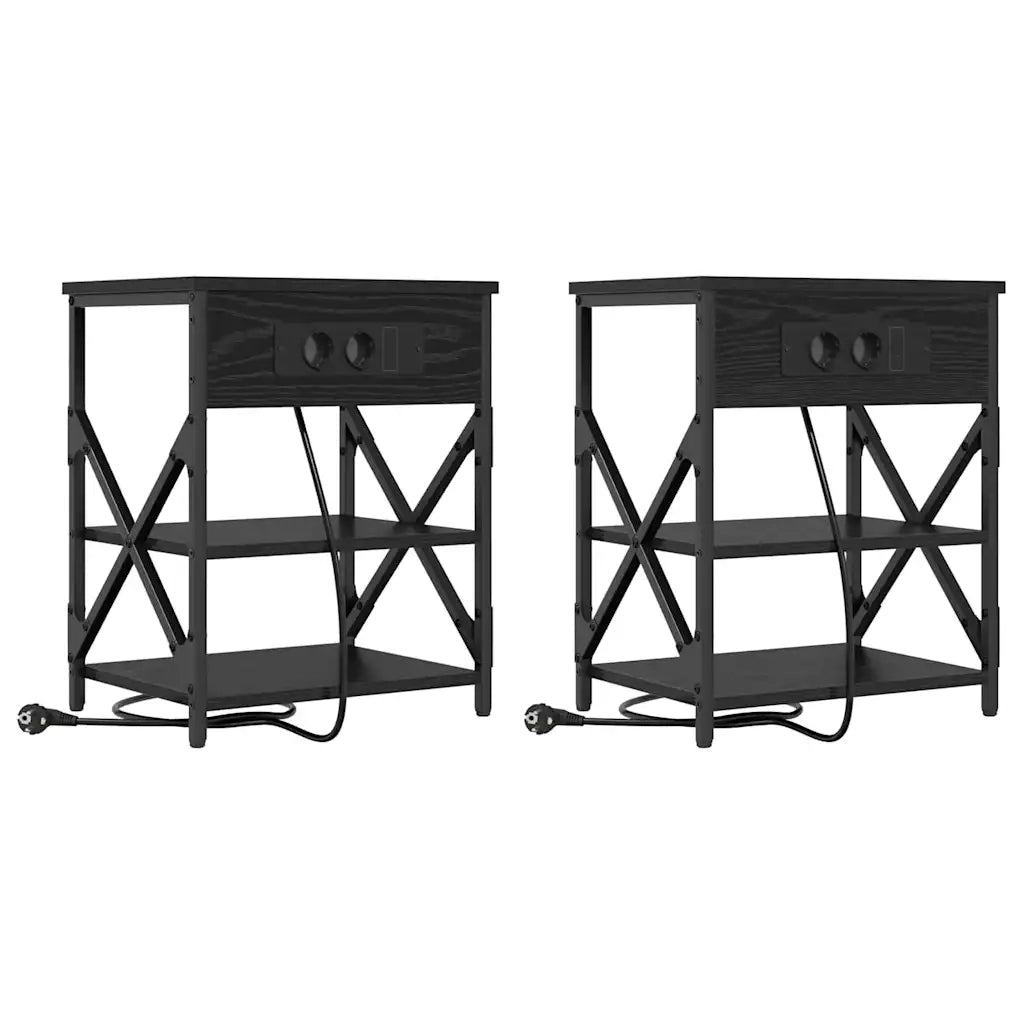 vidaXL Comò con stazione di ricarica con lo scaffale 2 pcs Rovere nero