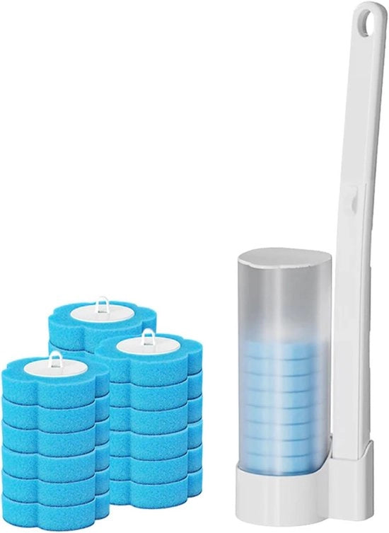 Set di spazzole per il water - Lunghezza del manico 40 × 5,5 cm - Spazzola per il water con manico estensibile - 18 testine di spazzola sostituibili con profumo di mare - Adatto per bagni e cucine - Blu