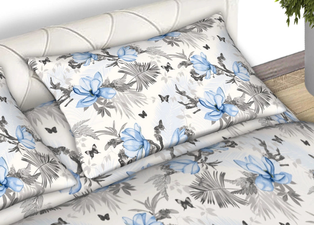 Completo Lenzuola Matrimoniale 100% Cotone Made Italy Disegno Leaves CN - Matrimoniale - Azzurro