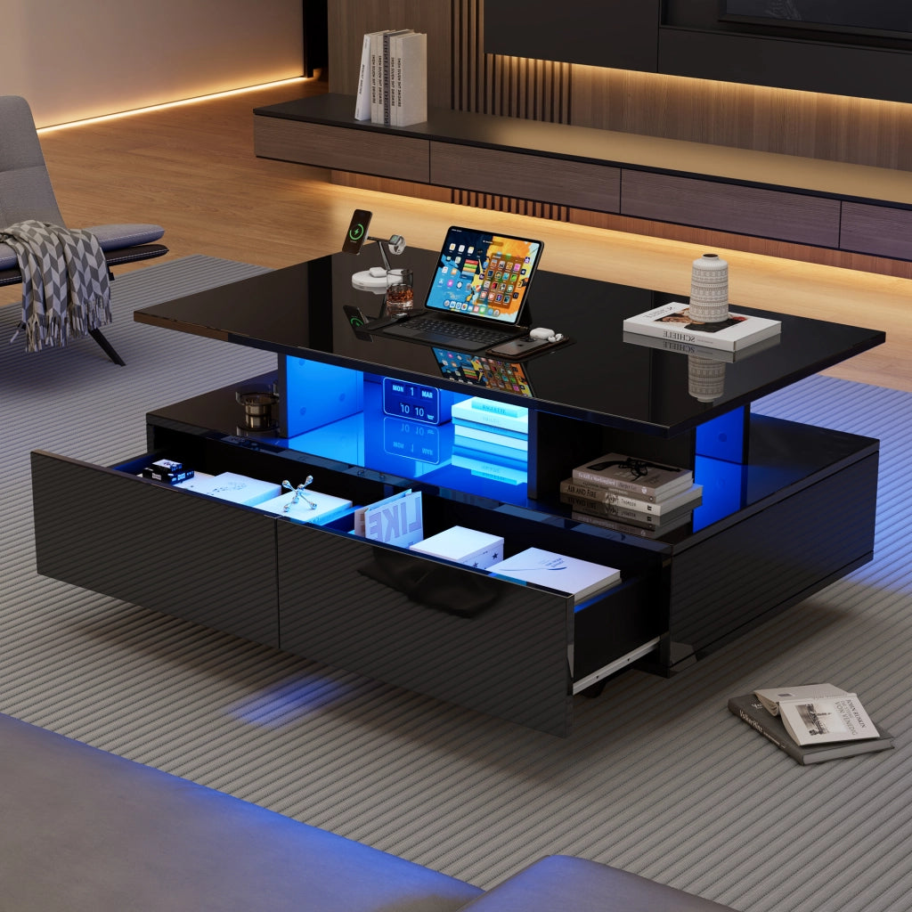 TAVOLINO DA SALOTTO 90x55x41 cm Nero in pannello di legno con LED e 2 cassetti