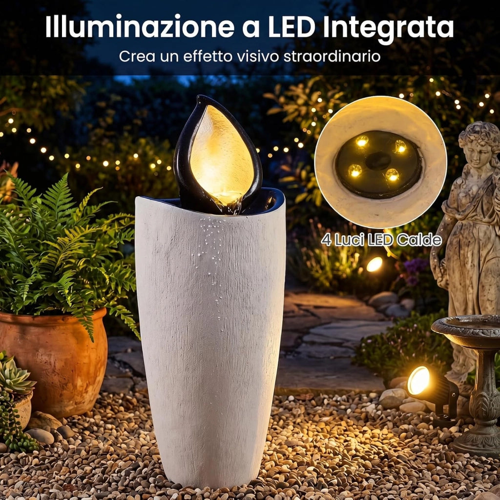 Fontana da Giardino con Luci, Fontanella Decorativa con Pompa e 4 Luci LED, Effetto Pietra, Sistema di Acqua Circolante da Esterno, Fontana Resistente in Resina per Cortile e Terrazzo