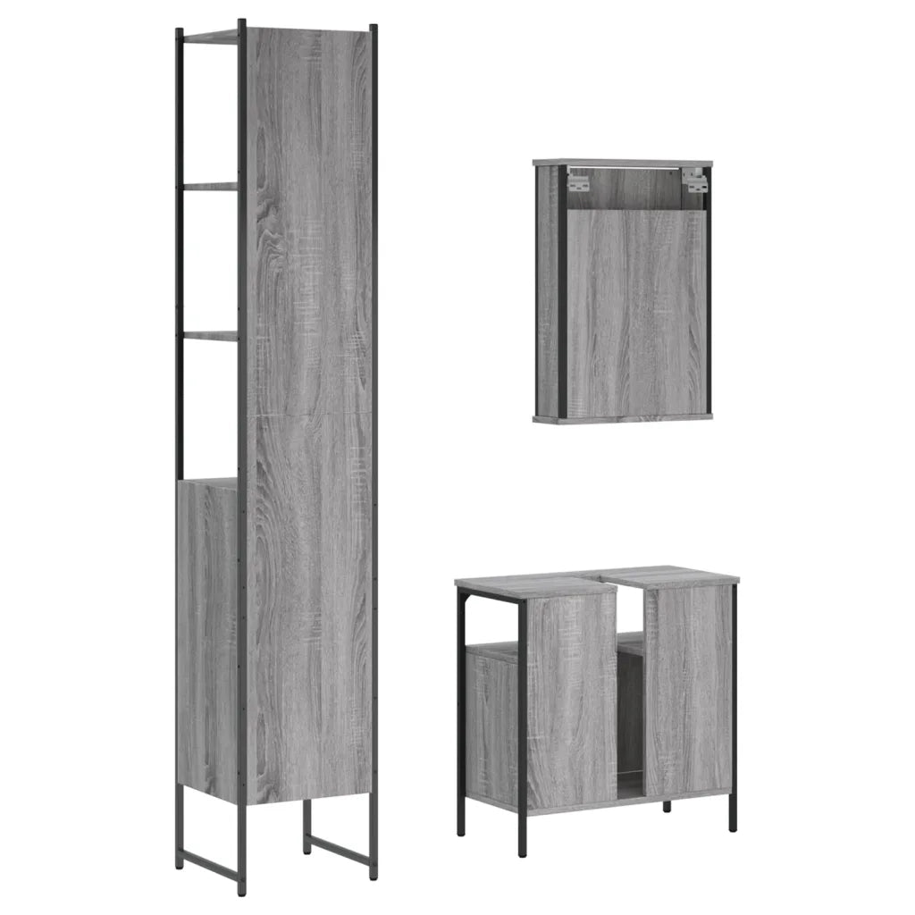 Set Mobili da Bagno | Armadio da bagno 3 pz Grigio Sonoma in Legno Multistrato
