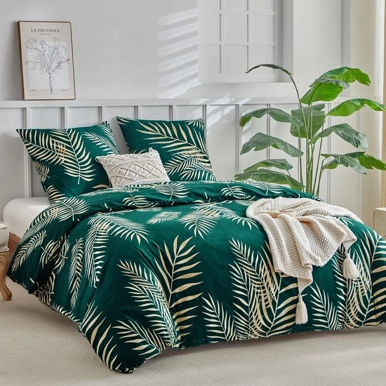 Set di coperte da letto 220 x 240 cm - Coperta da letto 220 x 240 cm - Copri cuscino 80 x 80 cm - Microfibra - Disegno foglie di palma tropicale - Respira bene e morbido