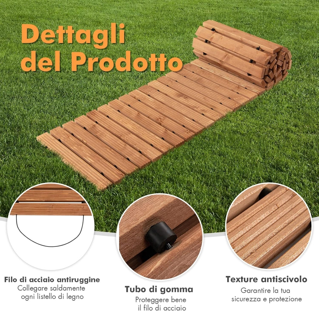 Passerella Arrotolabile per Giardino, Sentiero da Giardino con Filo di Ferro e Consistenza Antiscivolo Resistente alle Intemperie, Percorso in Legno per Cortile e Spiaggia (245 x 43 x 2 cm)