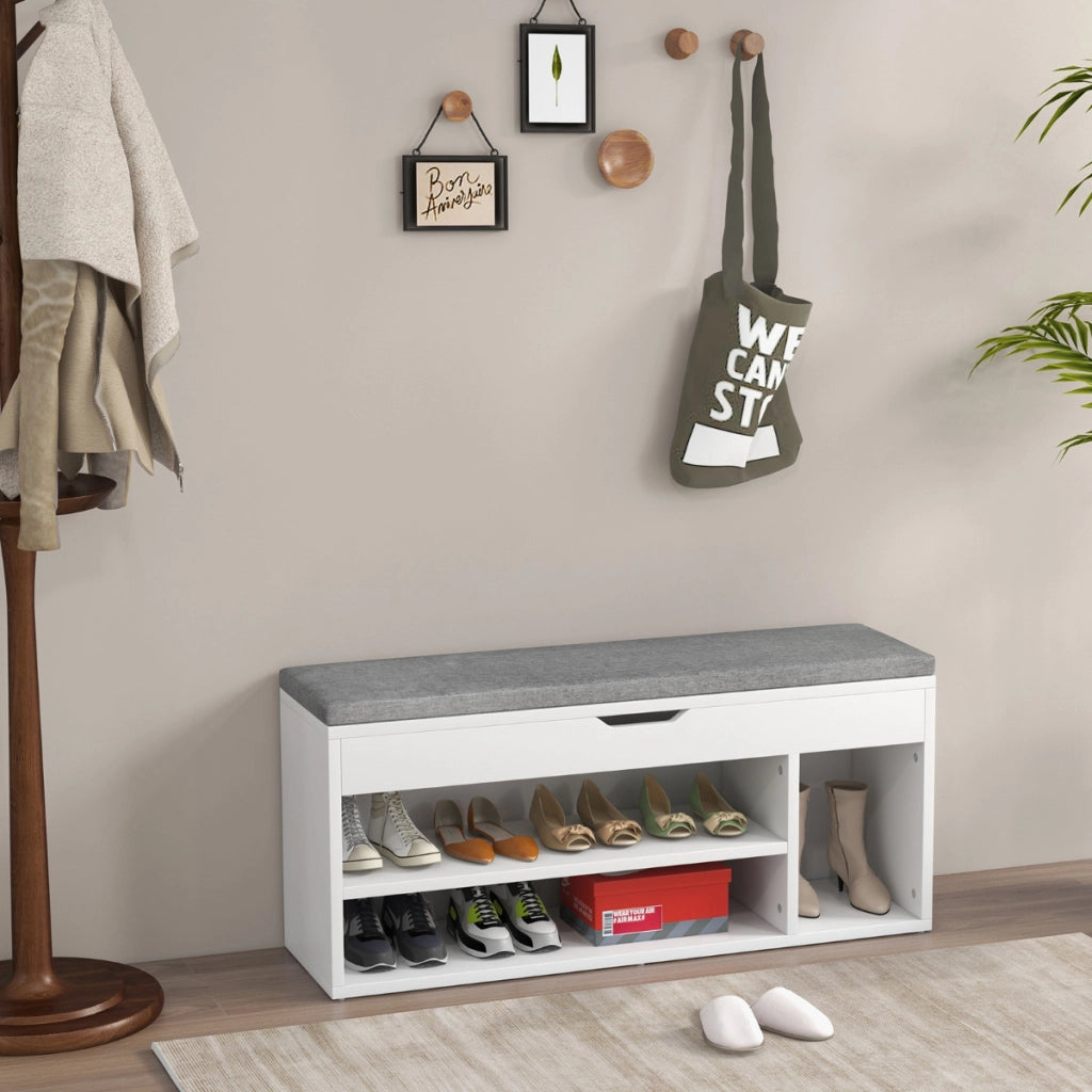 Scarpiera in legno con cuscino morbido e cassetto due ripiani 104x30x48cm Grigio