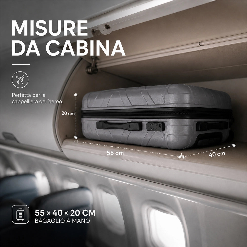 Valigia Bagaglio a Mano 55x40x20 cm Grigio Trolley Lugano Adatto Ryanair Easyjet