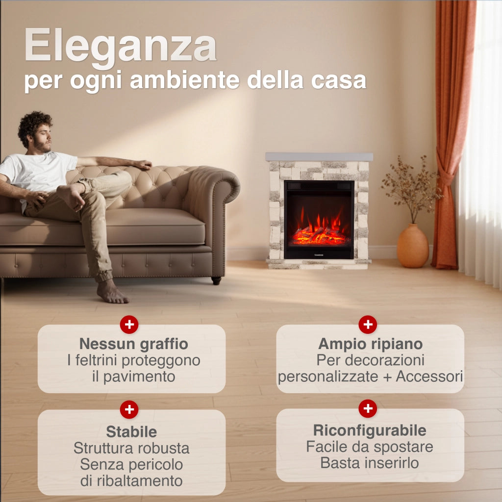KAMINIO Camino elettrico JUAN - Camino elettrico da appoggio effetto pietra con riscaldamento, effetto fiamma 3D, telecomando - Grigio