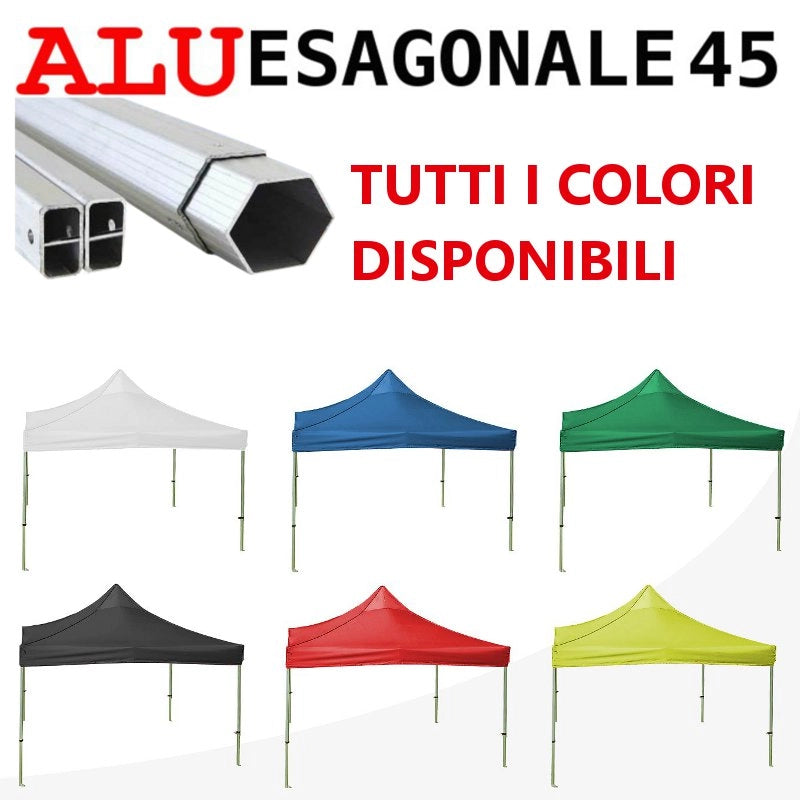 Gazebo 3x3 m bianco SENZA laterali pieghevole alluminio piantone esagonale 45mm portatile estendibile richiudibile estensibile acciaio per fiere eventi stand chiosco tenda tendone mercato mercatino    