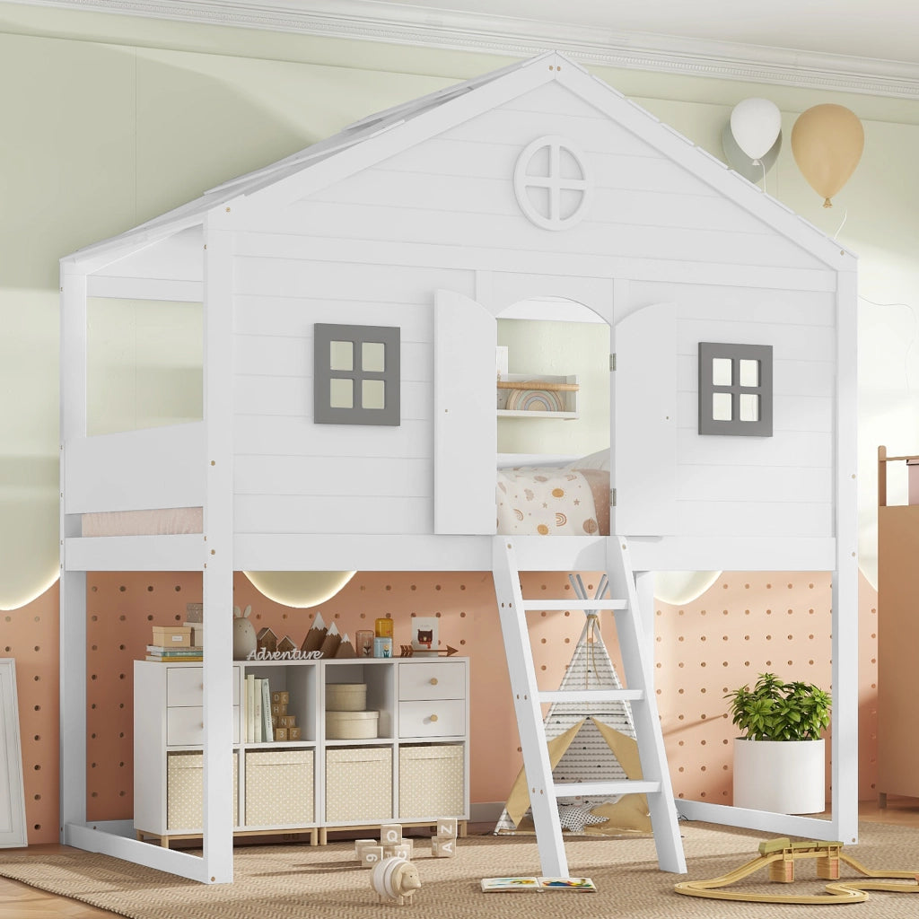 Letto a Soppalco 90x200 cm - con Scala; Sponde e Finestre - in Legno e MDF - Bianco