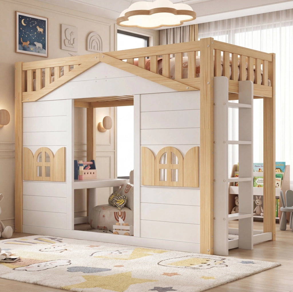 Letto a castello per bambini con finestra e scala reversibile; pino e MDF; bianco 90x200 cm