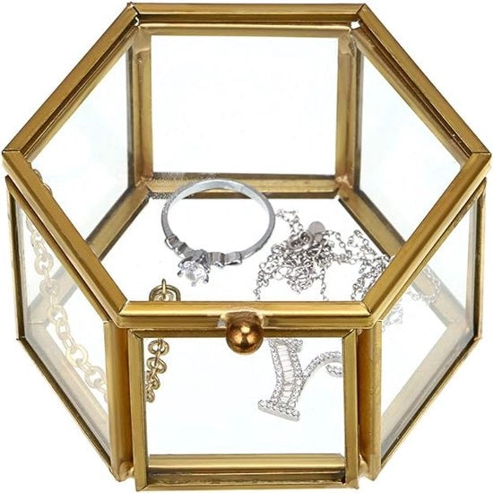 Cassa da gioielli in metallo e vetro, cassa da gioielli, cassa da gioielli, cassa da gioielli, per gioielli da donna, esagonale (oro, argento)