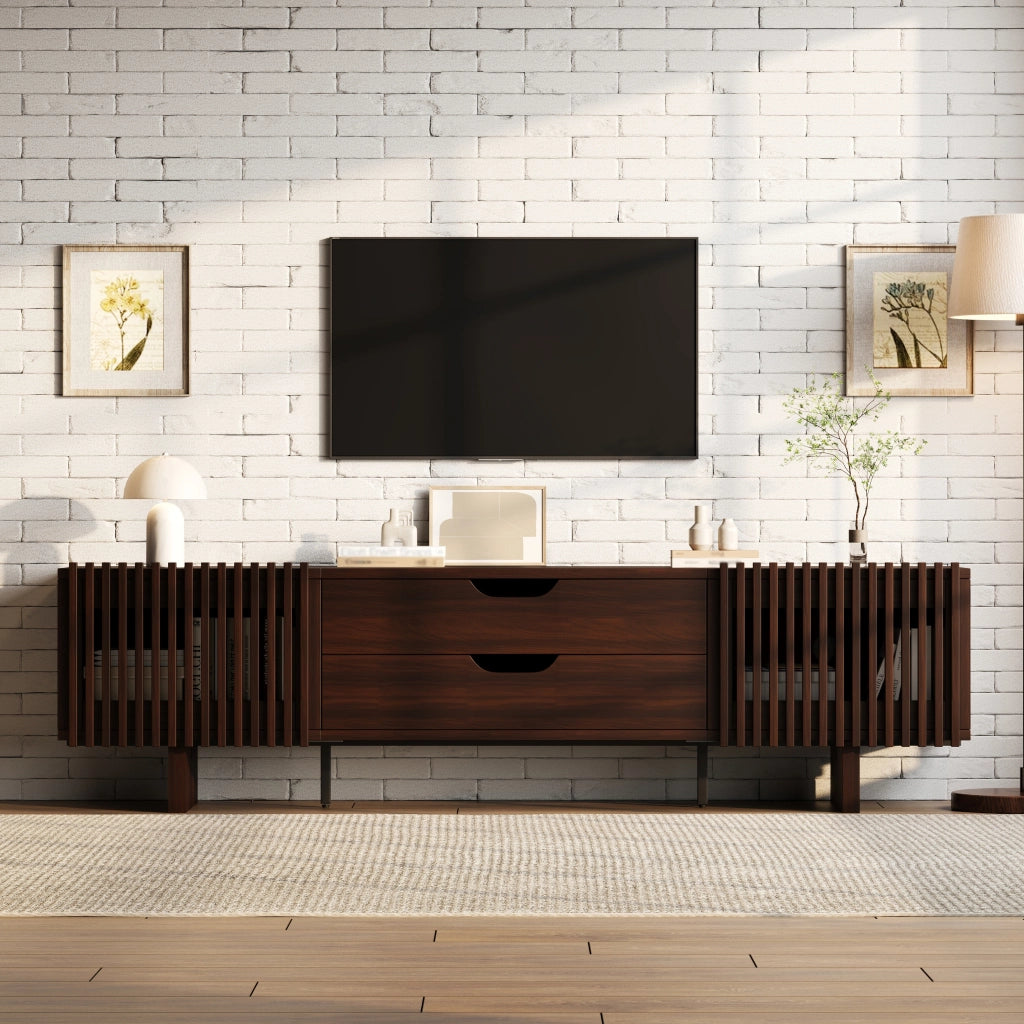 Mobile TV con 2 cassetti e 2 ante a lamelle - 180x40x45 cm - in MDF - noce scuro