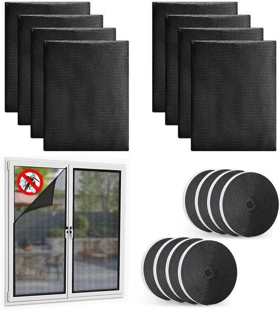 Vetrata per finestre, 130 x 150 cm, protezione insetti per finestre con adesivo innovativo, vetrata, senza foratura, protezione insetti, in poliestere, 8 pezzi, nero