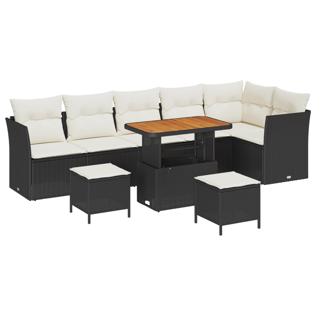 Set Divano da Giardino di 9 Pezzi con Cuscini Nero Polirattan Acacia