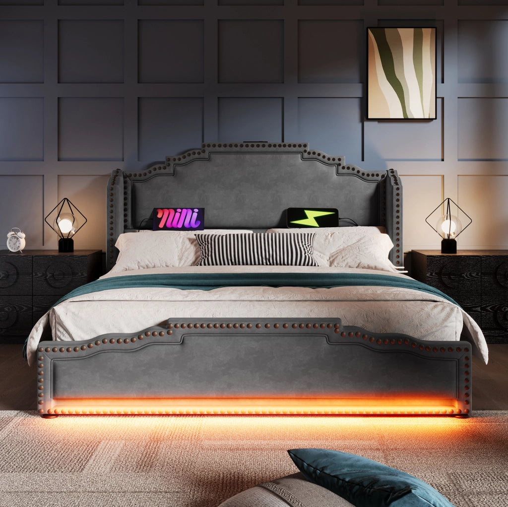 Letto matrimoniale 180x200 cm in velluto grigio con LED; USB e 4 cassetti