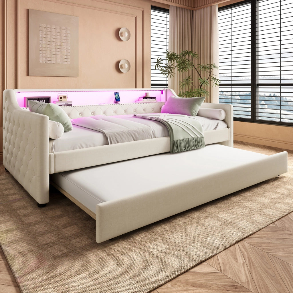 Letto da giorno 90x200 cm con LED; letto estraibile e USB in lino beige