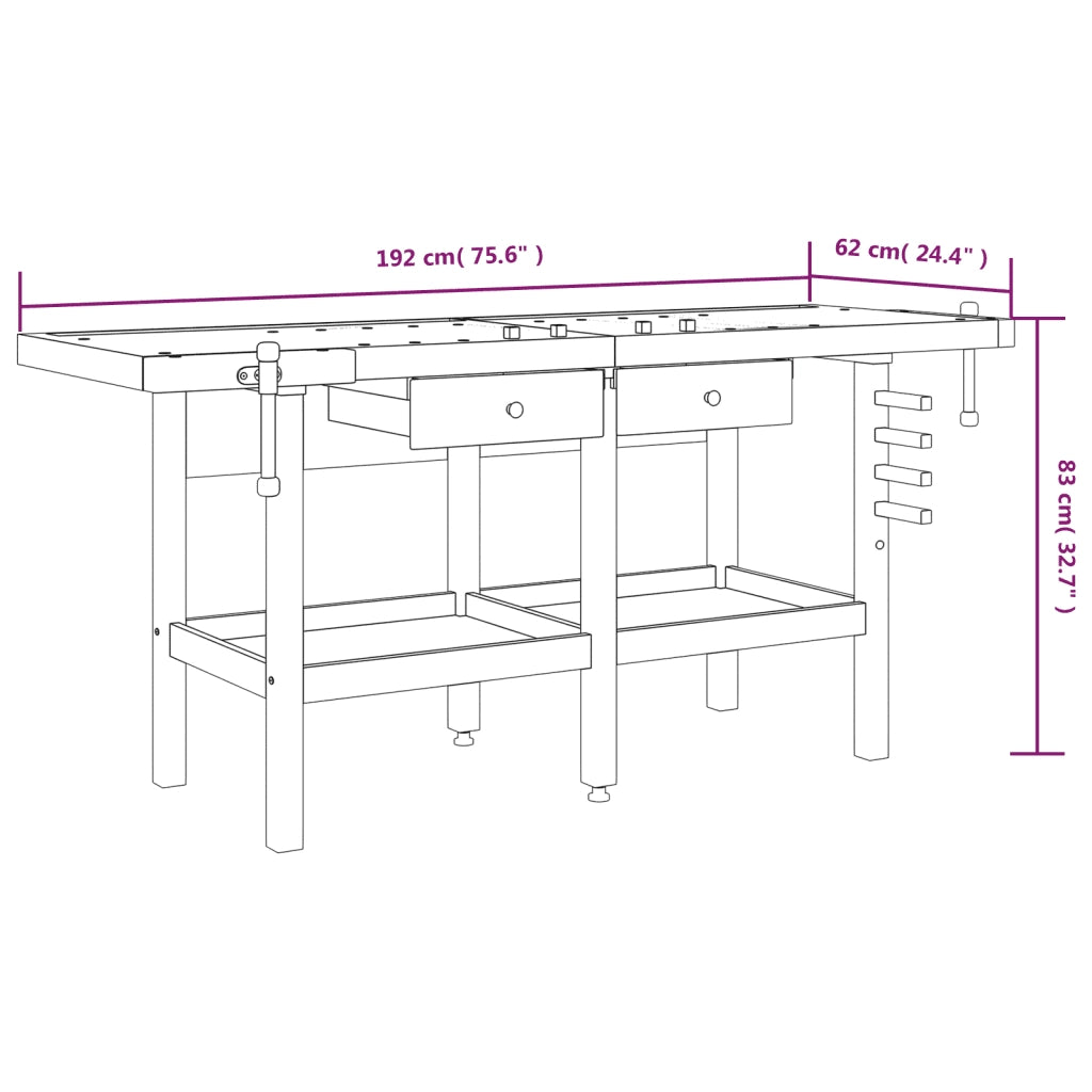 Banco Lavoro Cassetti e Morse 192x62x83cm Legno Massello Acacia CFW2781588