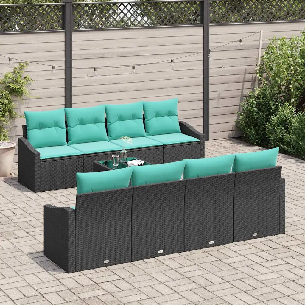 Set di divani con cuscino 9 pcs Nero e Turchese polyrattan