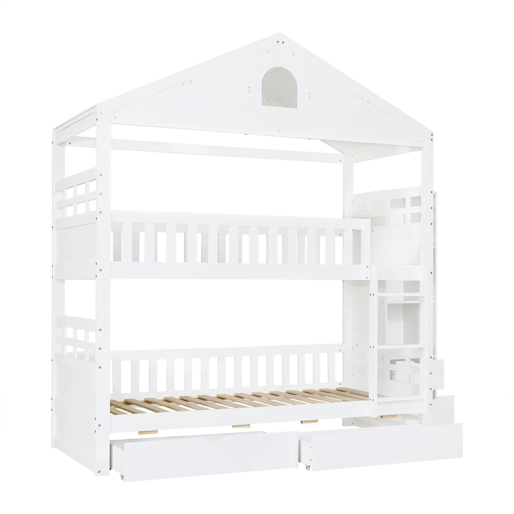 Letto a castello per bambini 90 × 200 cm 2 posti con scala, 2 cassetti e ripiani laterali, senza materasso, bianco