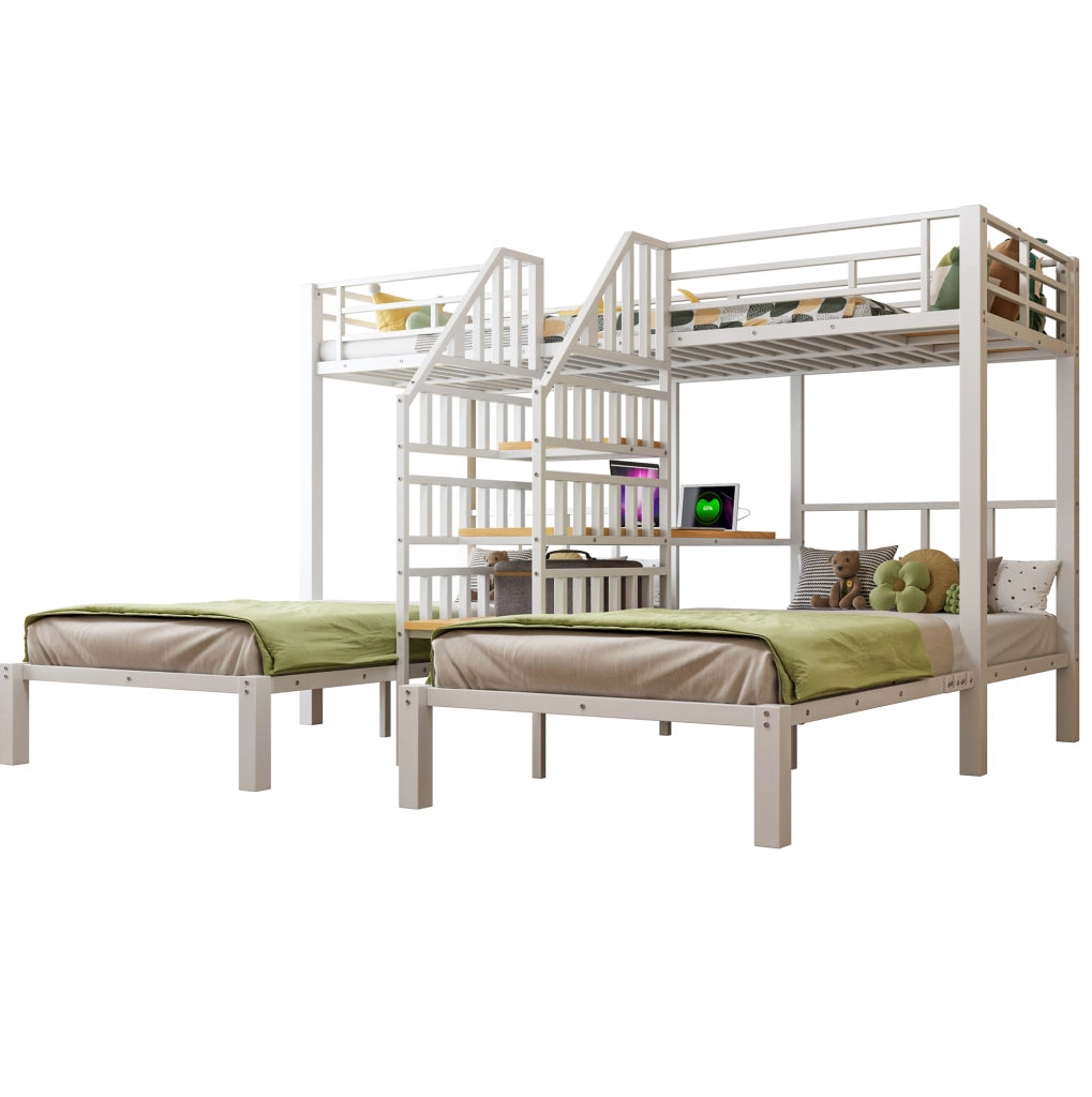 Letto a castello 90x200 cm con LED; scrivania e scala con contenitore in metallo e MDF