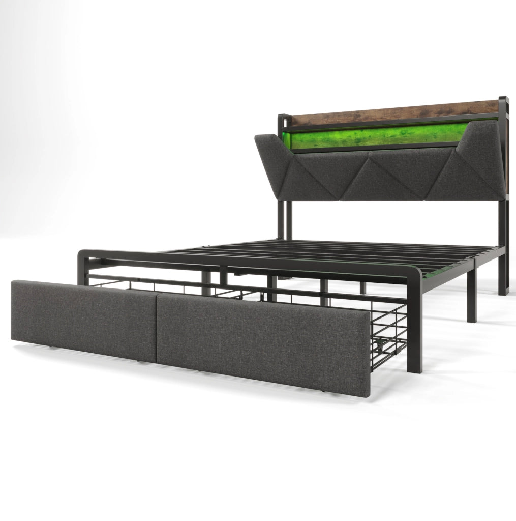 Letto matrimoniale ULEVR 160x200 cm con testiera contenitore, LED, USB e Type-C, 2 cassetti, grigio