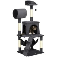 Albero per Gatti con Tiragraffi per Gatti, Casetta per Gatti, Amaca, Letto, Tunnel e Pallina, 48x48 x125 cm, Grigio Scuro