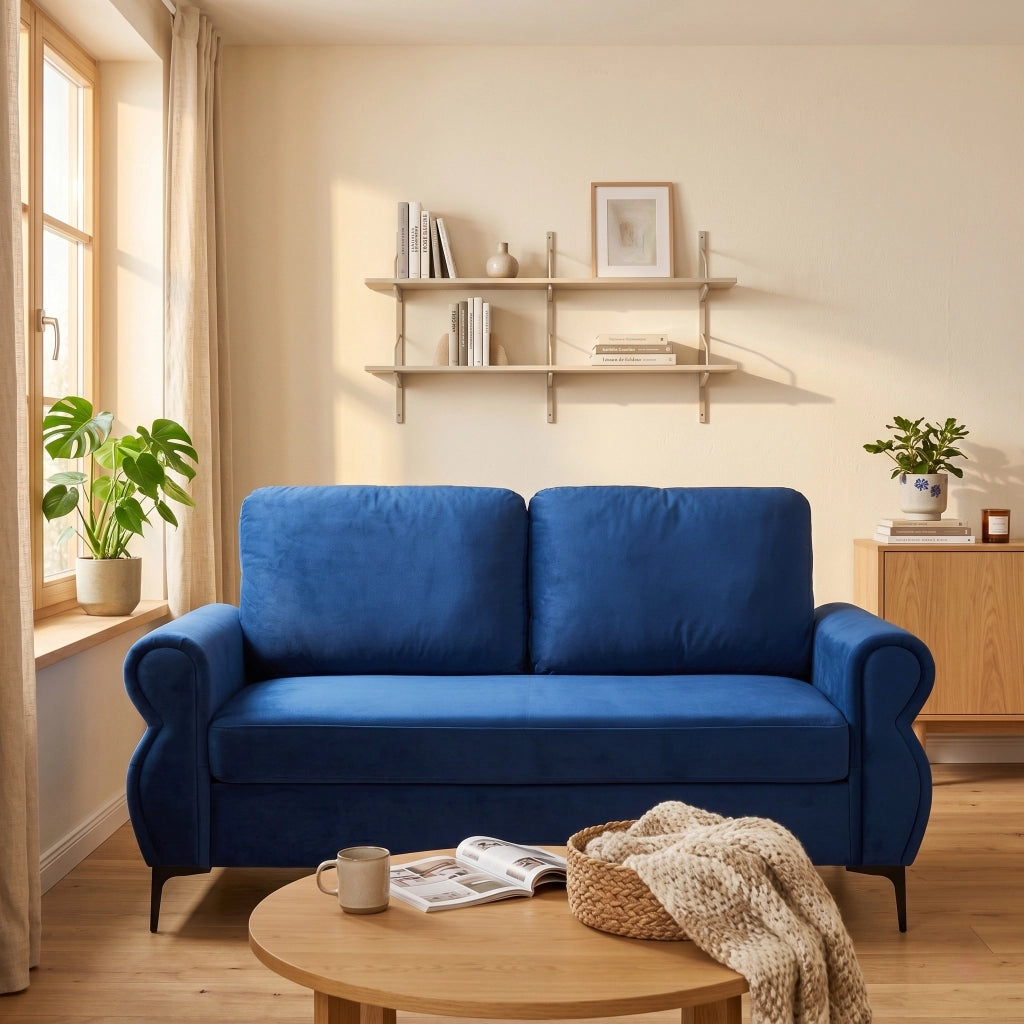 Divano lineare 3 posti con seduta ergonomica e braccioli, in tessuto, metallo e schiuma, Blu 173,5 cm