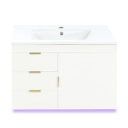 Mobile bagno sospeso con lavabo in ceramica; LED e app; 2 cassetti; 1 vano e ripiano rimovibile per bagno